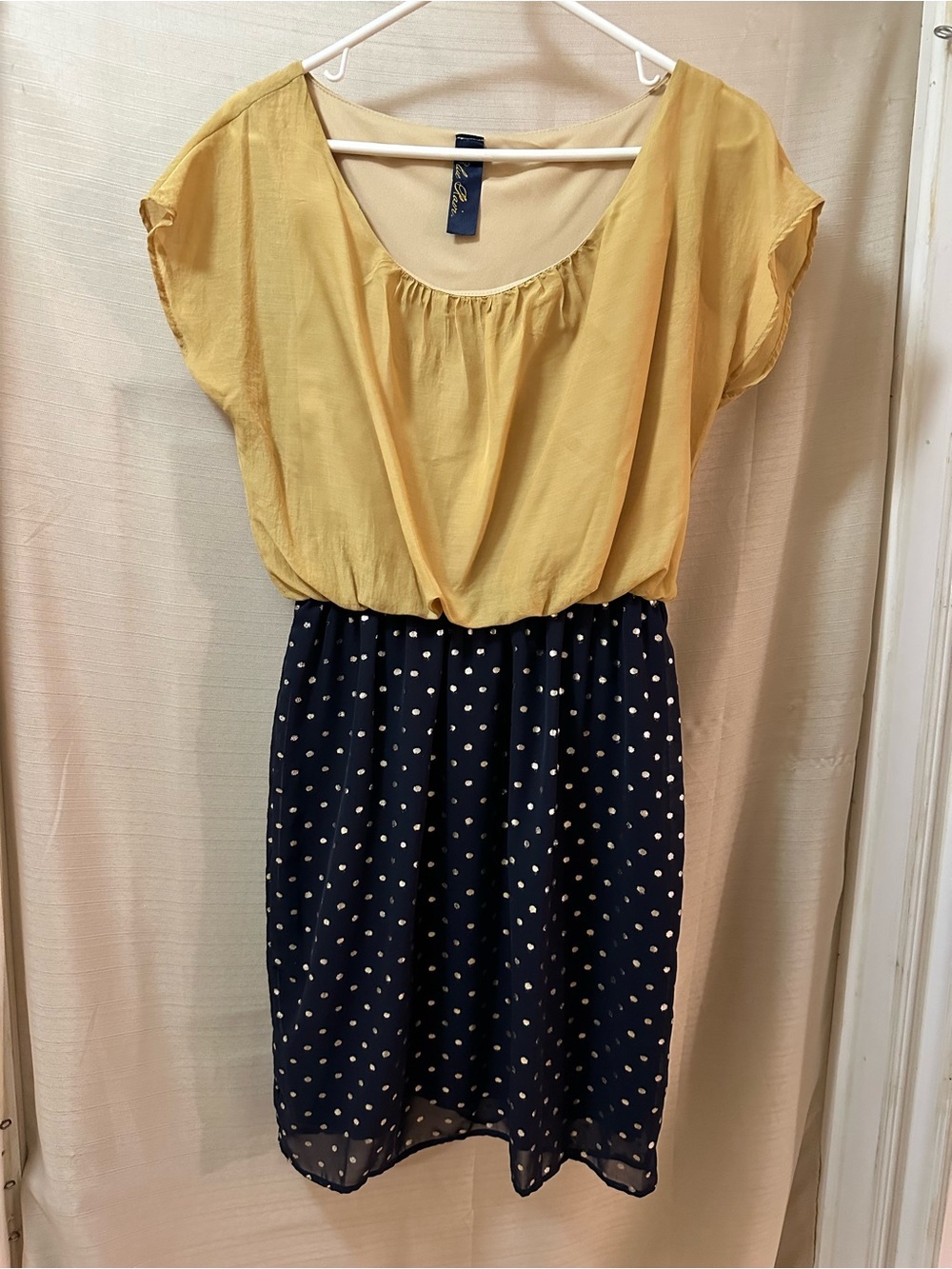 Blue Rain Colorblock Polka Dot Chiffon Dress Mustard Navy Retro Medium